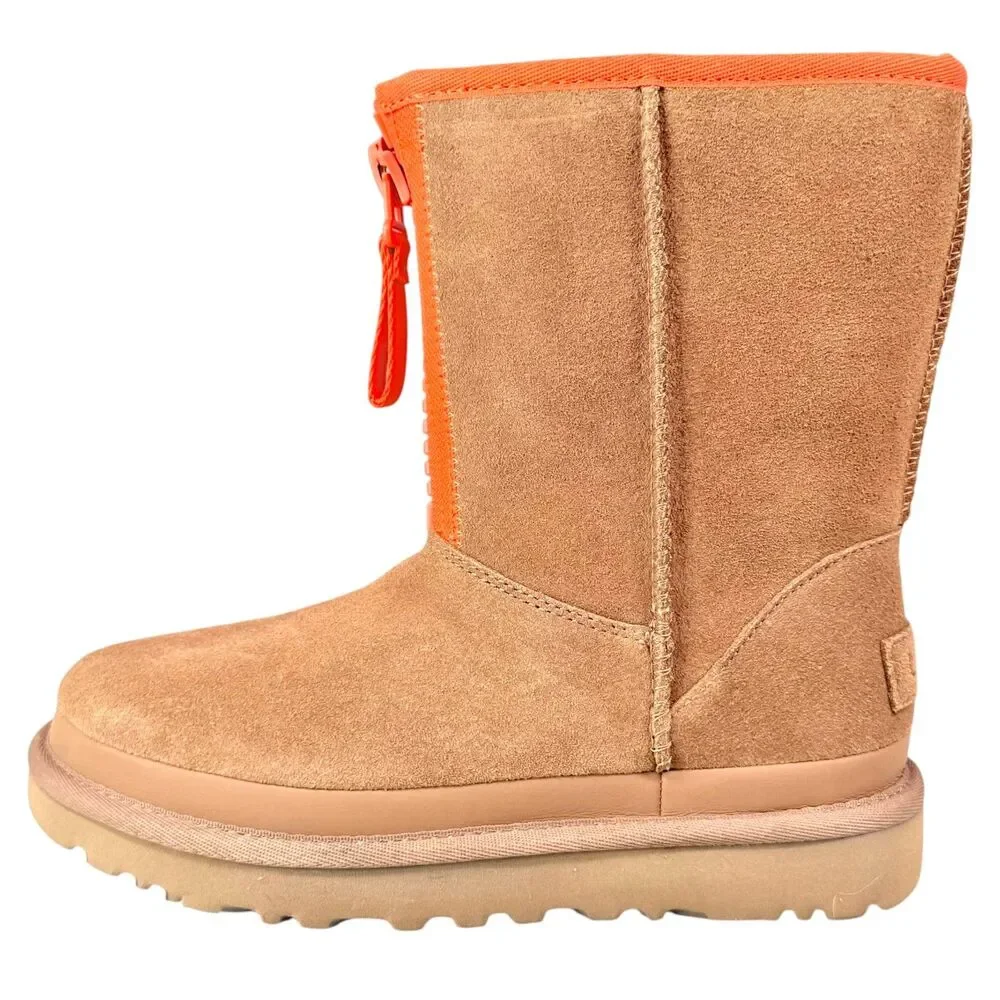 UGG Classic Short Zipper Tape Logo Boots Womens 5 Chestnut Sheepskin Winter